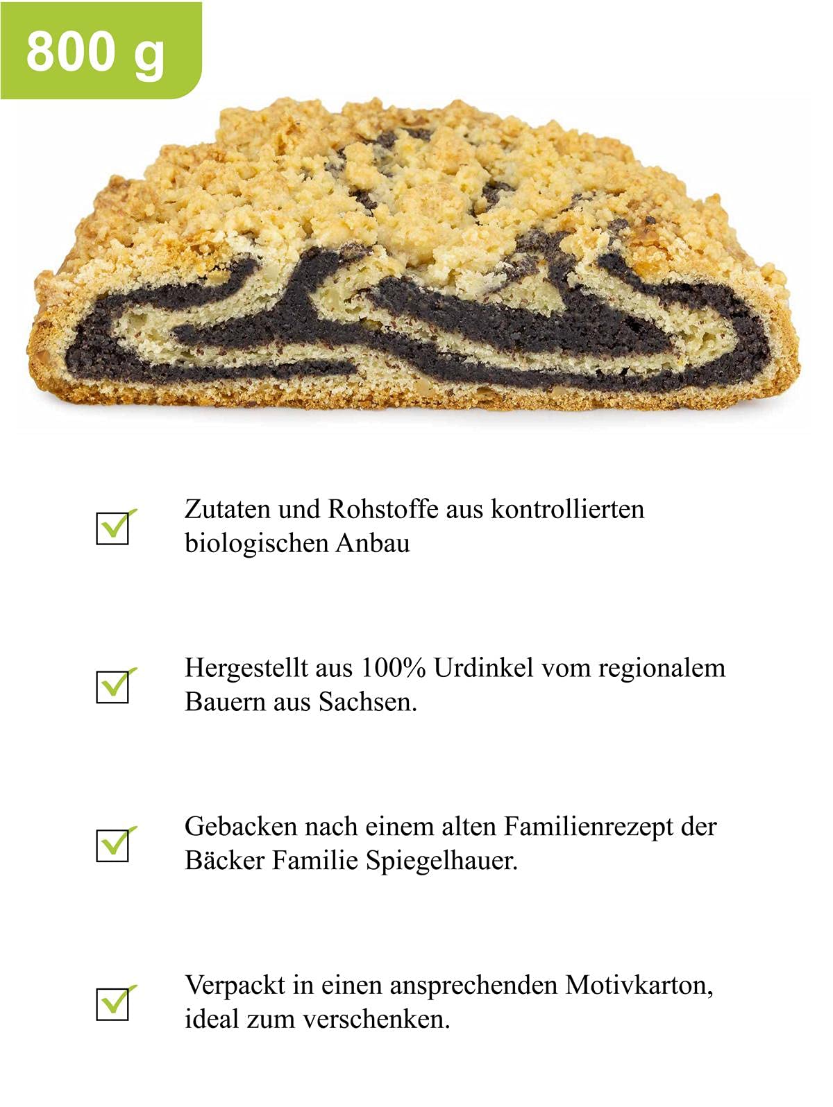 Bio Schlesischer Mohnstollen 800 g mit Dinkel Butterstreusel I ohne Rosinen I ohne Palmöl,