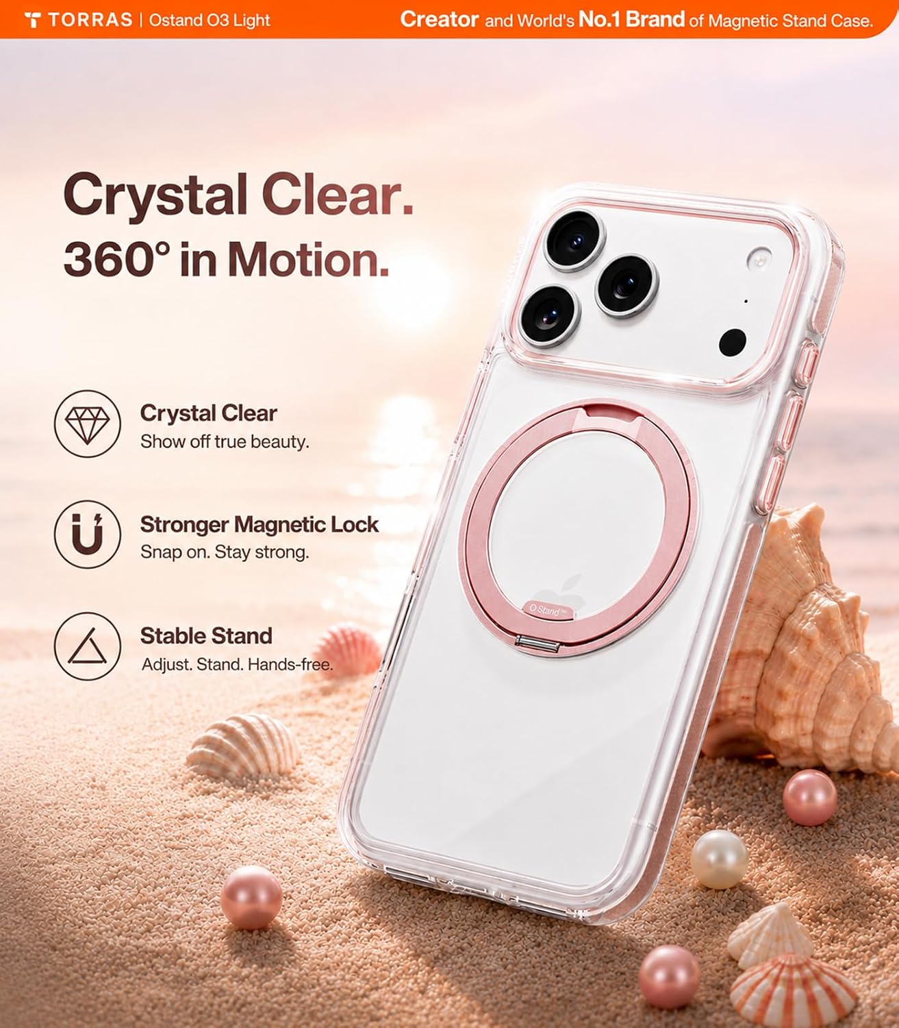 TORRAS 360 Magnetic Stand for iPhone 17 Pro Max Case O3 Light Series, [4X Military-Grade Protection][Fit for MagSafe] Slim Transparent Anti-Scratch Non-Slip Phone Case, Ultra Clear, Rosy Pink 6.9"