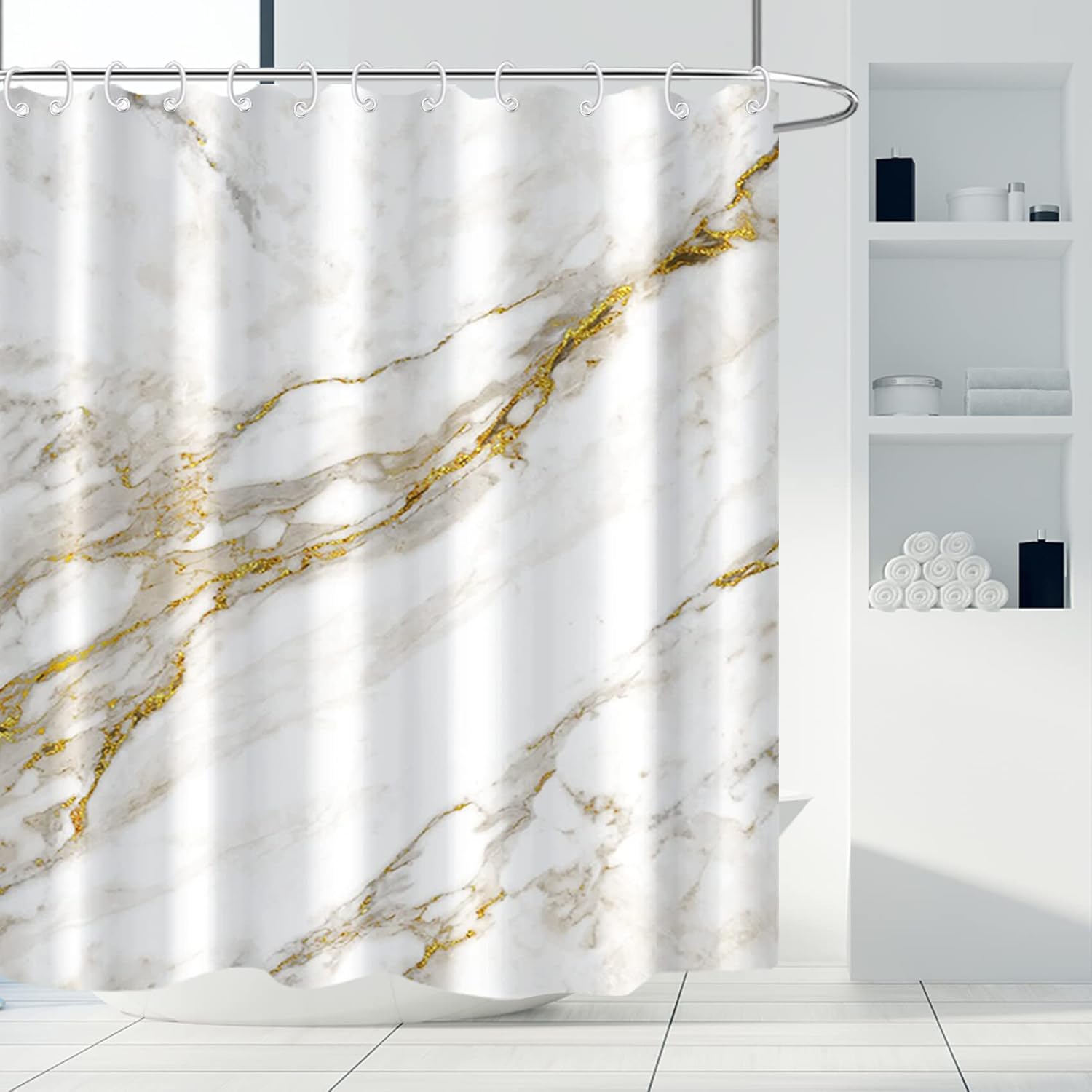 MIRRORANG Abstract Minimalism White and Gold Ink Art Marble Shower Curtain for