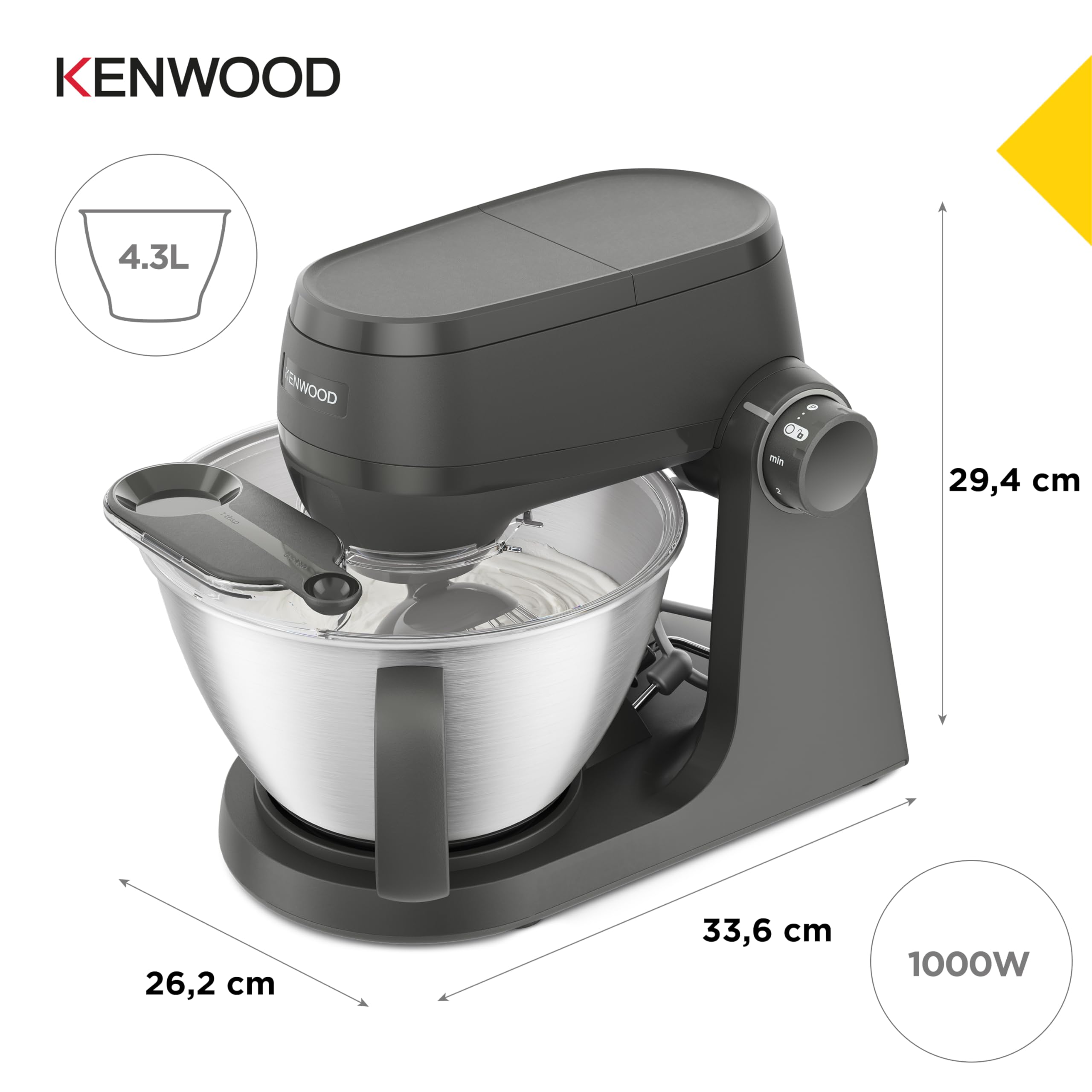 Kenwood Multi Tasker - Impastatrice Planetaria Multifunzionale con accessorio Frullatore, Robot Cucina e spremi agrumi, 1.7kg di Impasto Pane e Pizza, Paraschizzi con Misurino, Grigia (KHC30.050GY)
