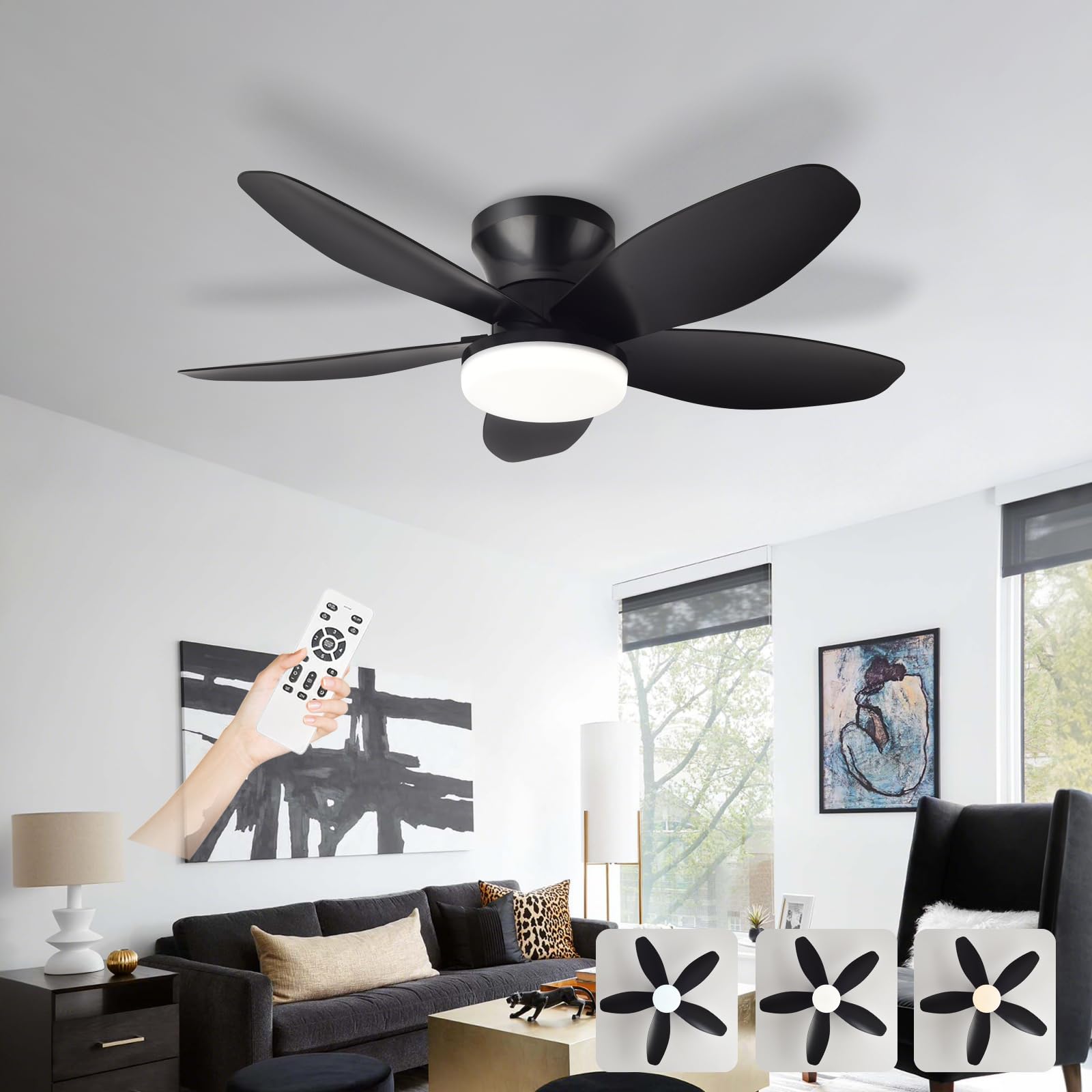 AQLEDY Ceiling Fans with Lights and Remote, Fan Lights Led Ceiling for Bedroom, Indoor 5 Blades Silent Large Fan Lamp, Dimmable 6-SPD Reversible DC Motor with Timer for Living Room-Black||36in