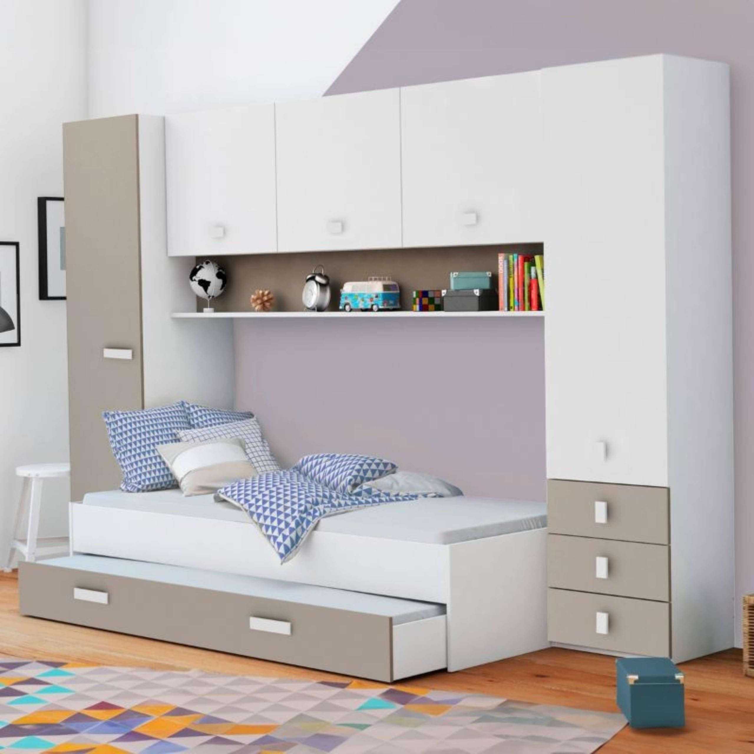 Miroytengo Pack Dormitorio Infantil Juvenil Tidy Color Blanco Y Arcilla Habitación Moderno (Armario + Cama + Cajón)