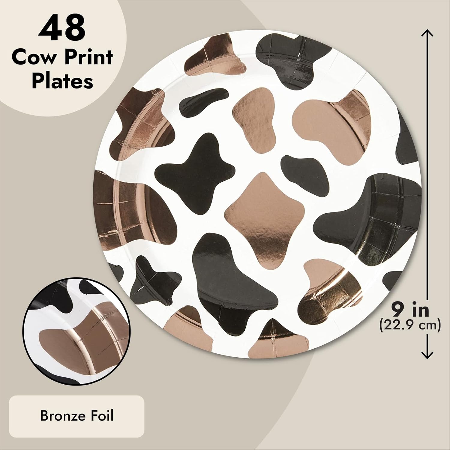 BLUE PANDA Cow Print Paper Plates - 9-Inch, 48 Count, Brown Foil Cow Print - For Barnyard Party & Baby Shower Decorations - Cowprint Party Supplies