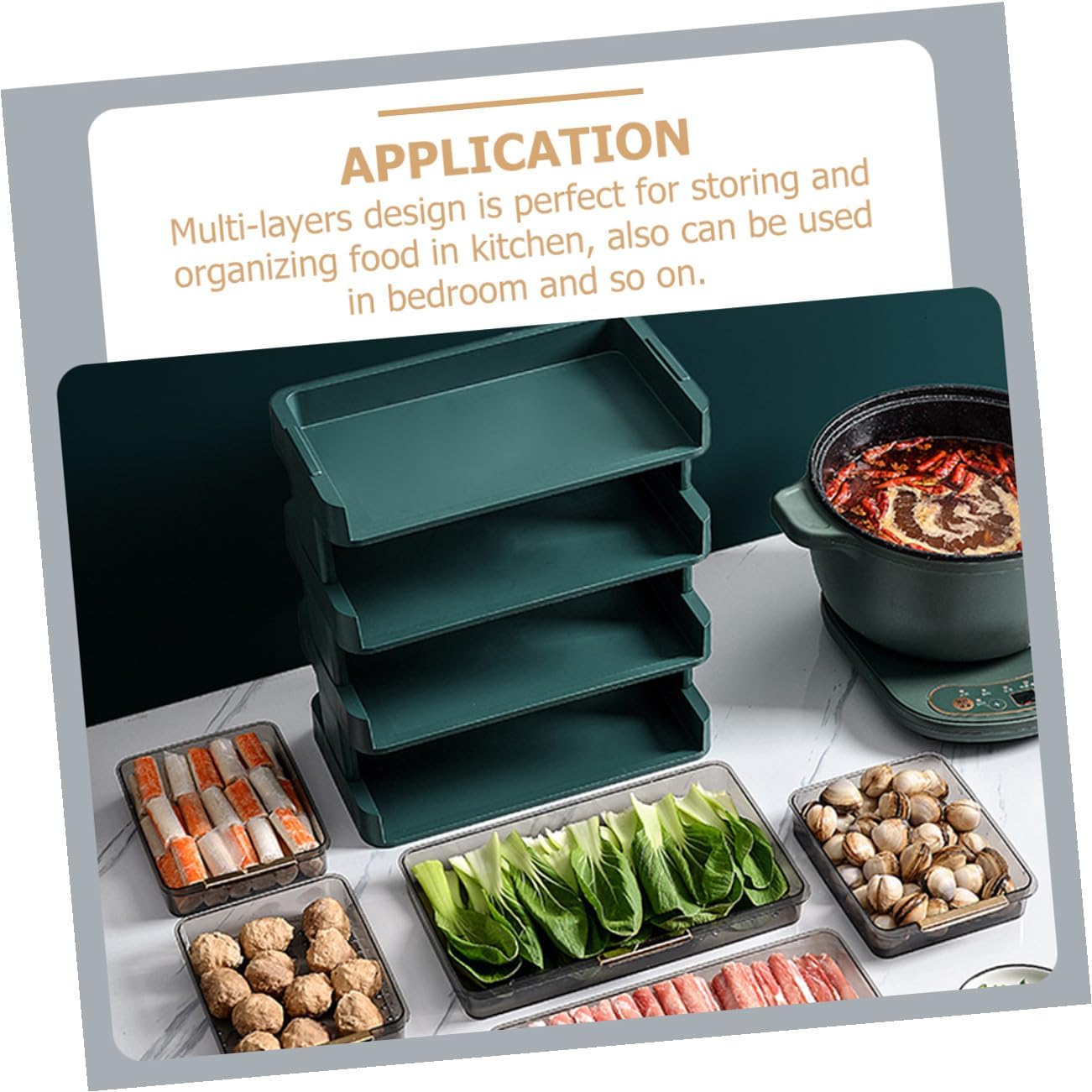 Three-Layer Kitchen Storage Stand Vegetable Tray Holder with Drainage Rack, Detachable Multi-Layers Condiment Organizer for Hot Pot and Food Serving, Green