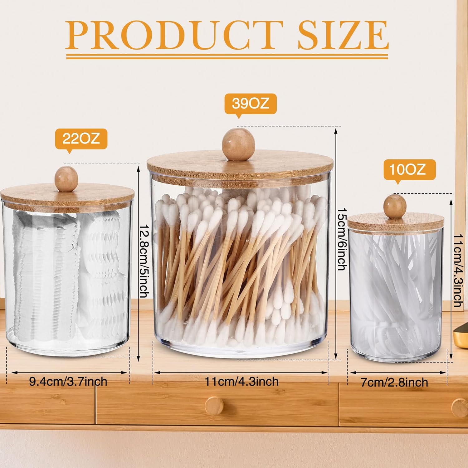 Meanplan Plastic Apothecary Jars with Lids Acrylic Holder Dispenser for Bathroom, 10/22/39 oz Clear Plastic Storage Jars Floss Container for Swab Cotton Ball, 3 Sizes(9 Pack,Wooden Lid)