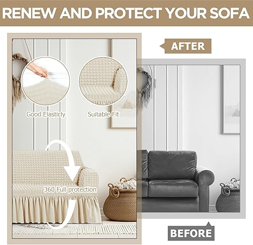 Miniatura 5 de Juego de fundas de sofá de 3 piezas para cojines de sofá, duraderas, lavables, de alta elasticidad, fundas de sofá con falda para sofá, sofá biplaza