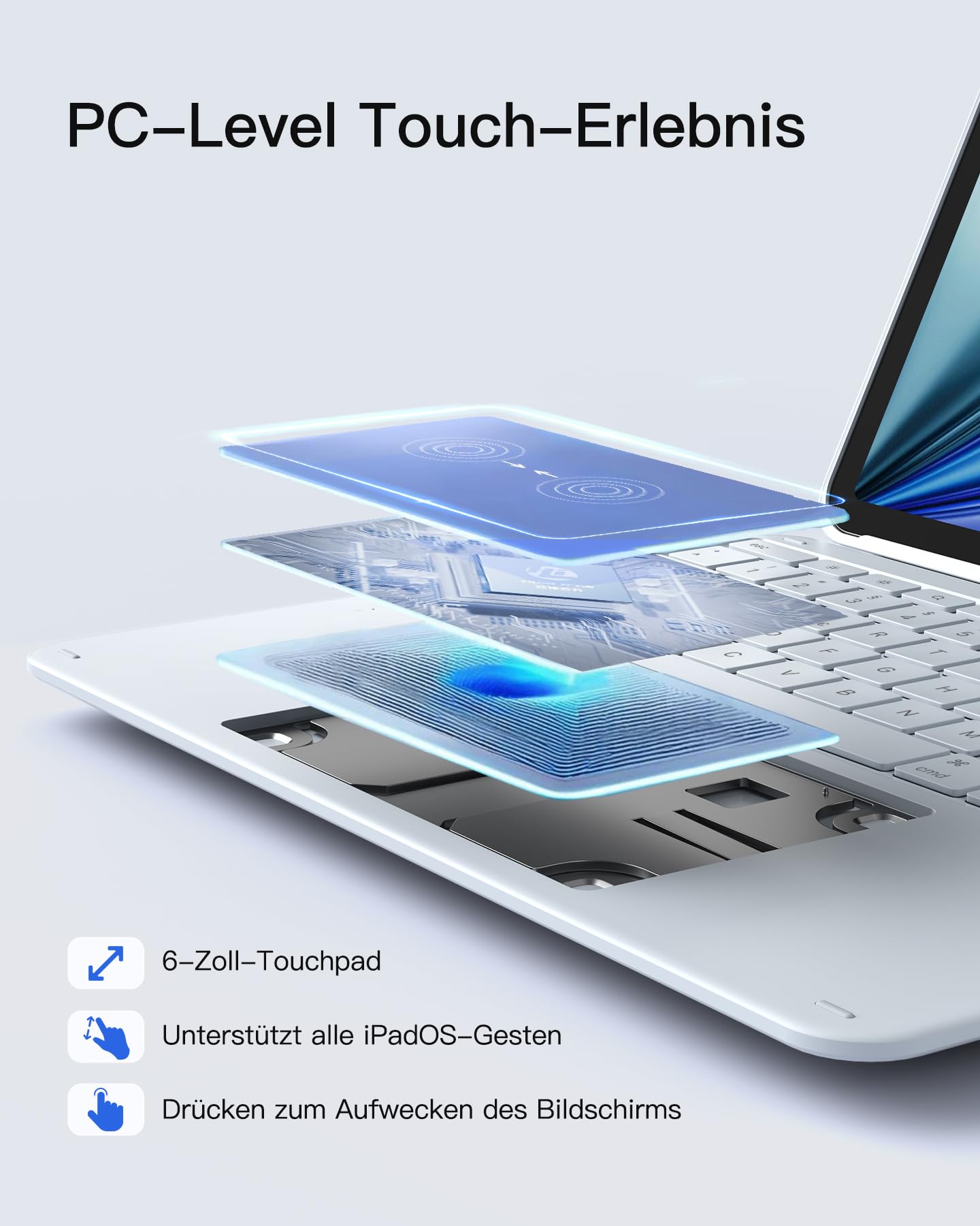 Inateck Hülle mit Tastatur iPad Air 13, großes 6" Präzisions-Touchpad | Kompatibel mit iPad Pro 12,9", abnehmbar, vertikal/horizontal, 7 FarbigerBeleuchtung, verstecktes Stiftfach, AceTouch, Blau