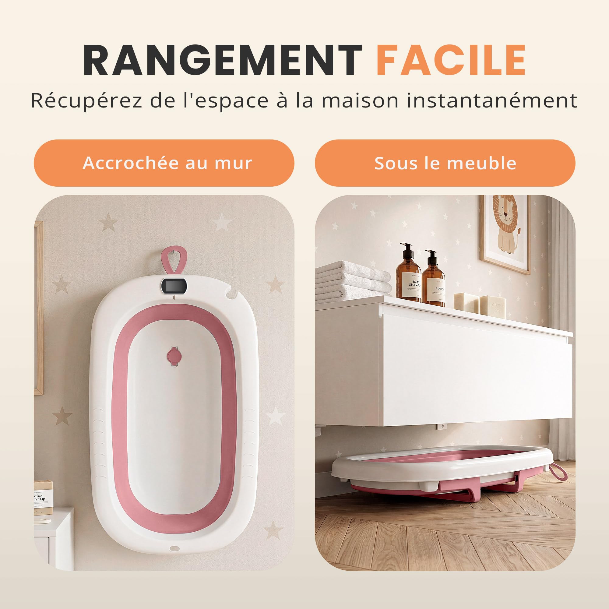 JUPPLIES Baignoire Pliable Bébé avec Coussin Ergonomique et Thermomètre Digital | Baignoire Bébé Antidérapante sur Pied | Bain Bébé Compact Facile à Ranger | 75x45x20cm (Rose, Sans Pattes)