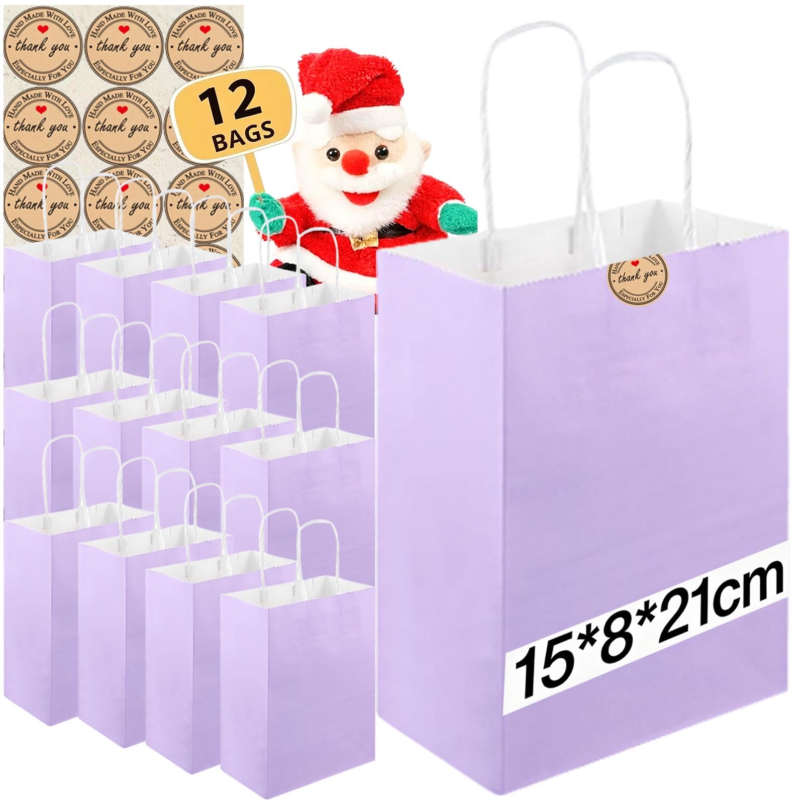 12Pcs Small Paper Bags With Handles, Paper Gift Bags (21x15x8cm), 130GMS Thicken Kraft bags Party Favor Shopping includes lables for Favor Birthday Party Wedding Shopping Retail (Purple)