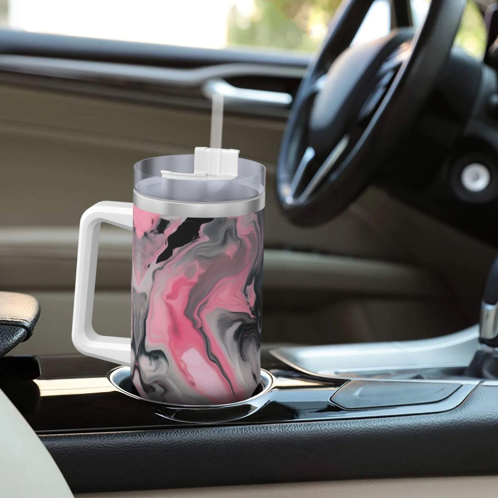 Wasserflasche aus Edelstahl, doppelwandig, isoliert, mit Griff und Strohhalm-Deckel, 1,2 l, Rosa mit abstrakter Tinte, Marmor-Grau