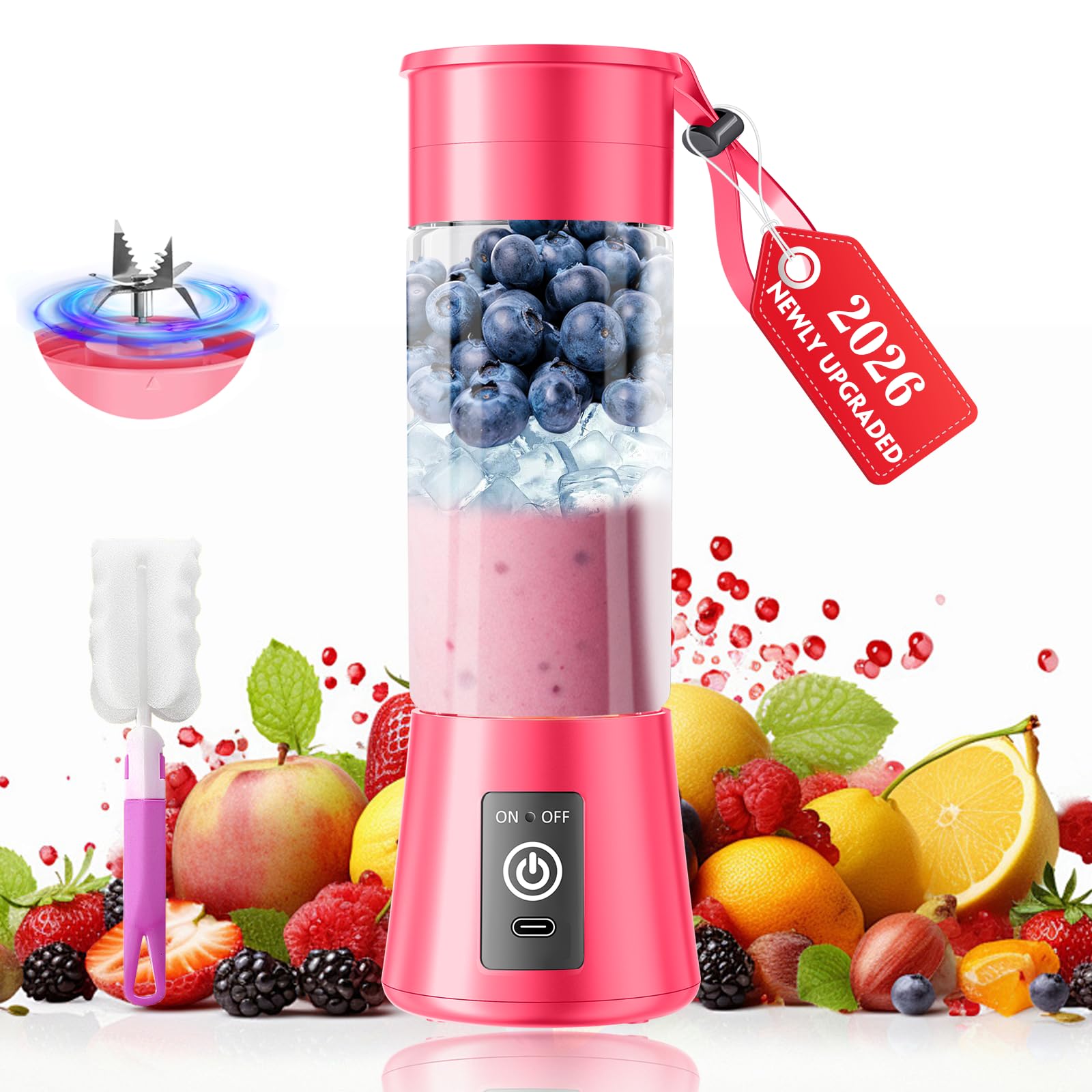 Frullatore portatile senza fili di dimensioni personali, mini frullatore per frullati e frullati, tazza da viaggio senza BPA da 380 ml, potente vestito per miscelare in ufficio/casa/palestra, festa