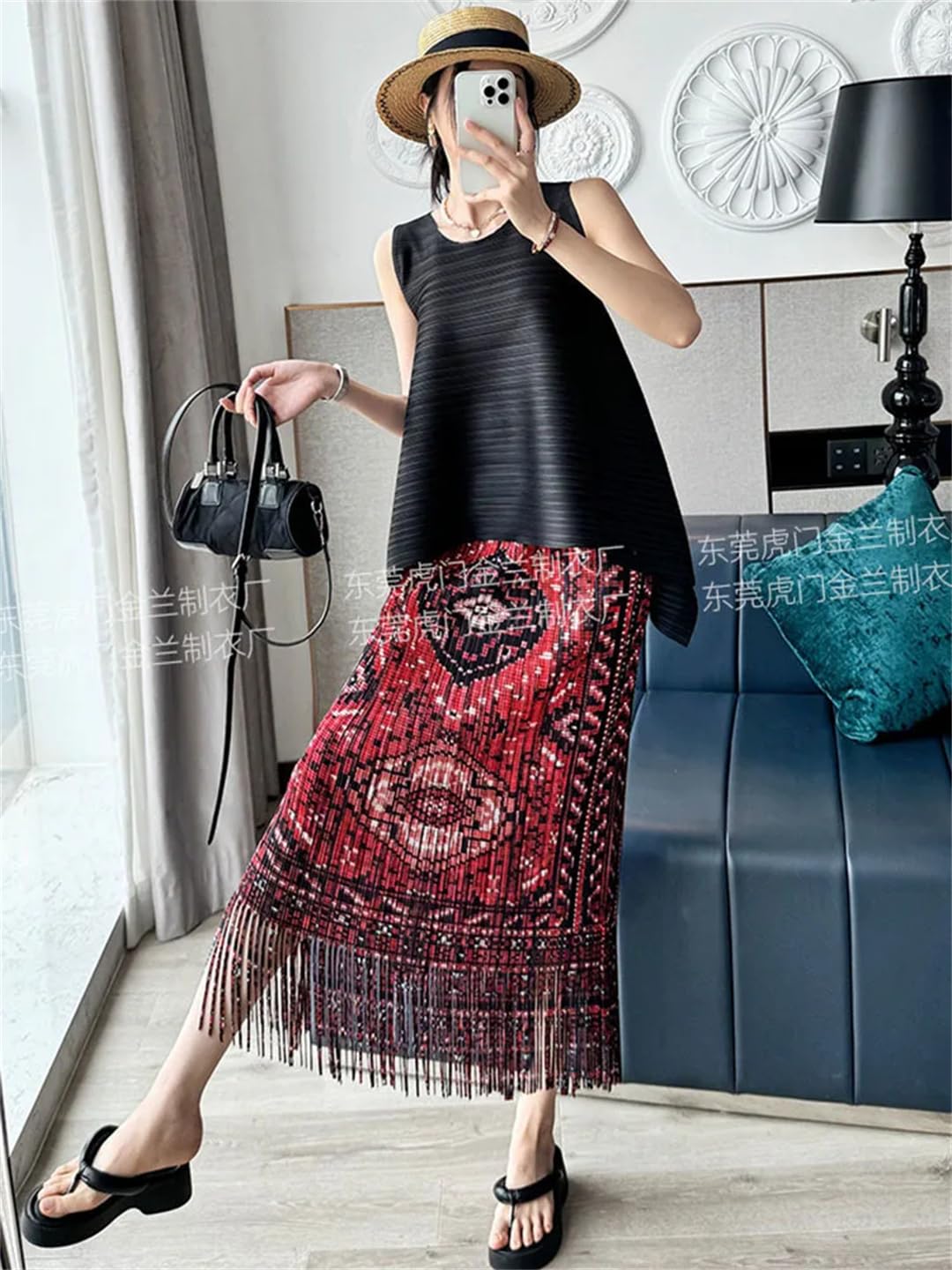Falda midi con borlas para mujer con estampado de cintura elástica, faldas plisadas vintage