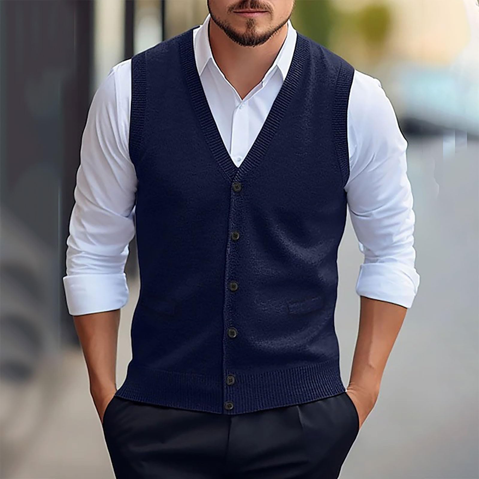 Gilet da uomo in maglia con bottoni, slim fit, con scollo a V, senza maniche, morbido misto lana, gilet casual, leggero e traspirante, ideale per ufficio, golf e uso quotidiano