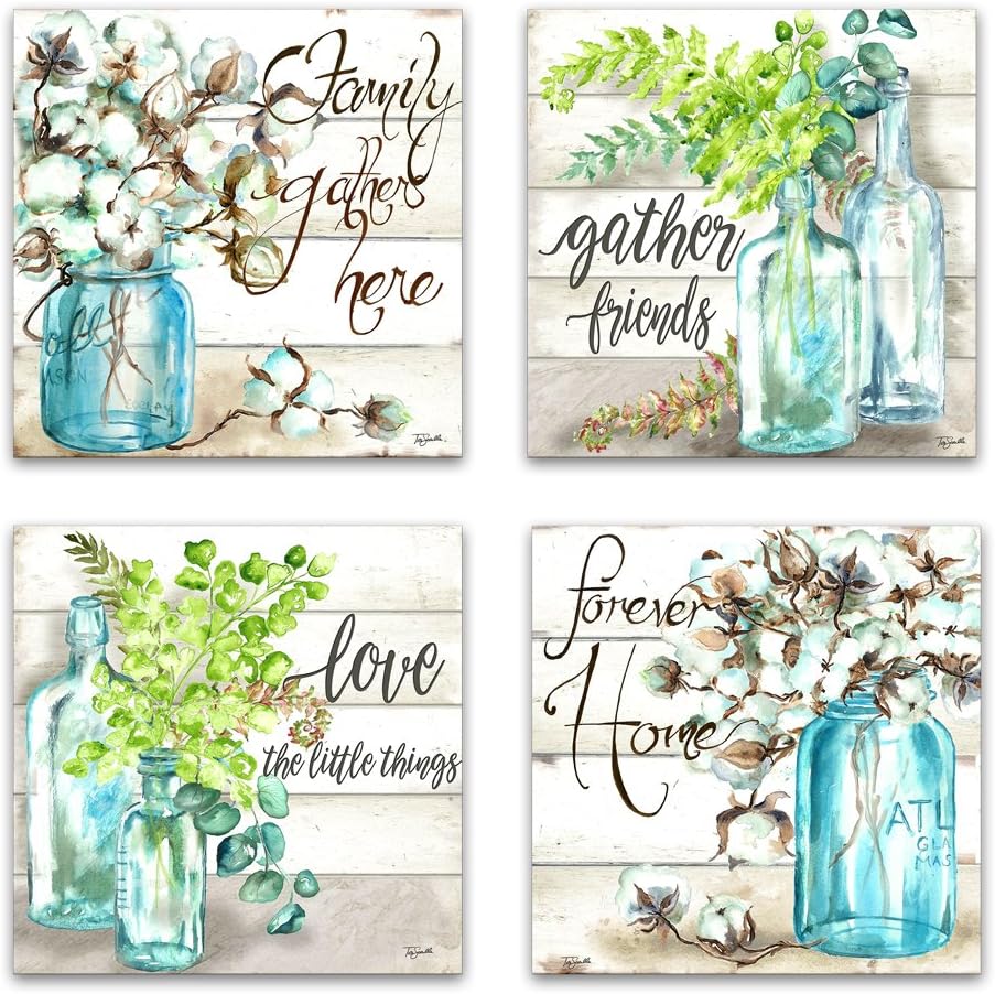 JLXARTWall Art for Kitchen Canvas Print Beautiful Watercolor-Style Family Gathers Here and Forever Home Mason Jar Floral Artwork Four 12x12inch Framed Prints