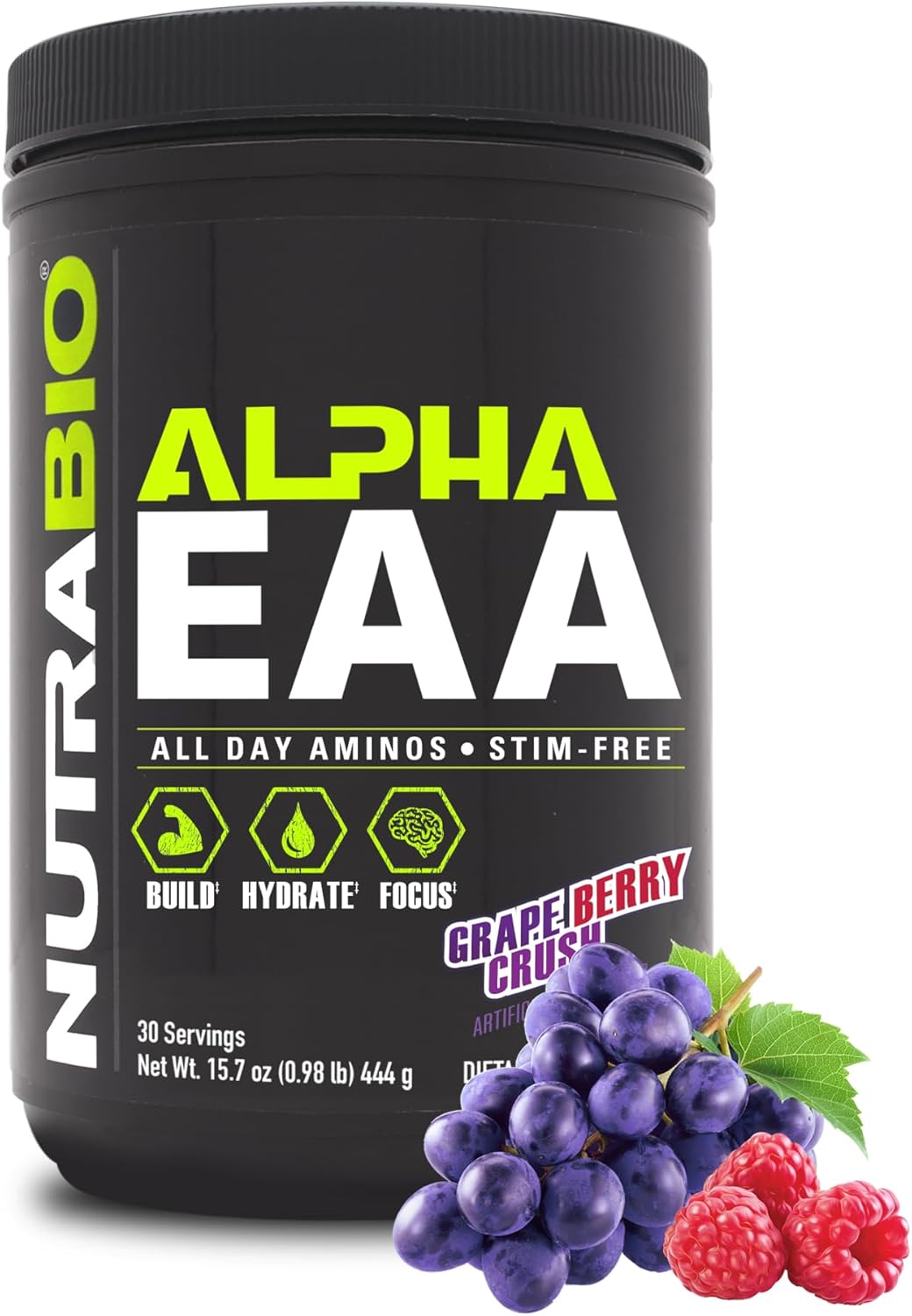 NutraBio Alpha EAA – All-Day Amino Acids for Muscle Growth and Hydration – Essential Amino Acids with Nootropics & Adaptogens- Full Spectrum EAA BCAA Powder – 30 Servings – Grape Berry Crush