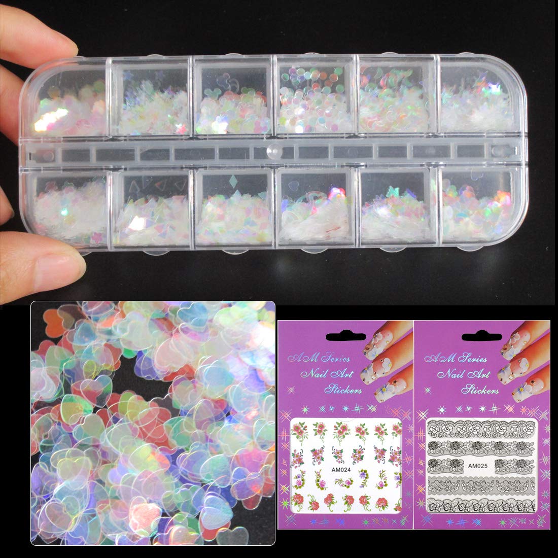 Holographic Nail Glitter Flakes Iridescent Sequins Chunky Stars Butterfly Heart For Acrylic Nails Art 12 Shaped, 3 Sheet Nail Sticker(Bi021A)