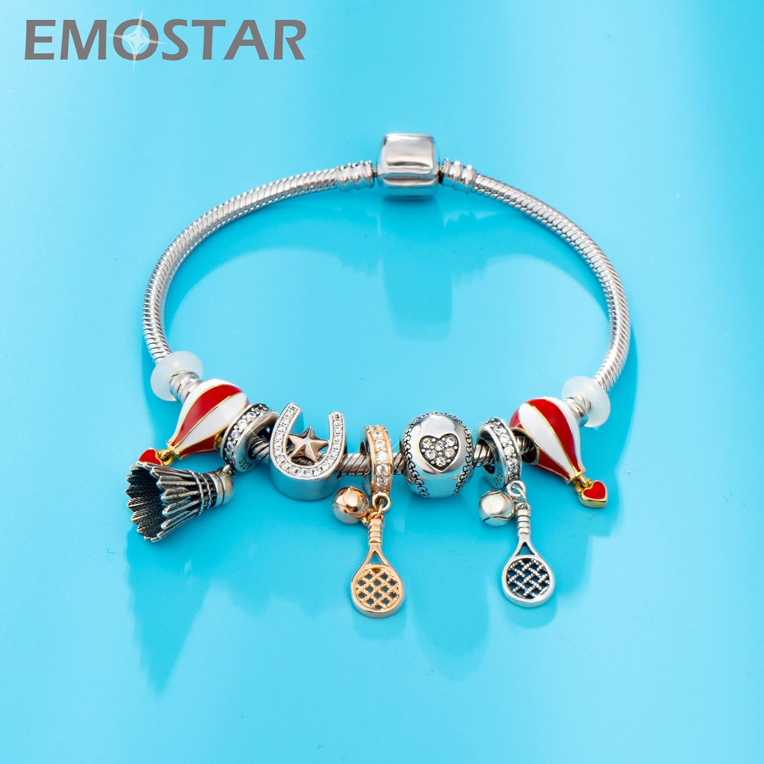 EMOSTAR Sparkling High Heel Shoe with Bowknot Pendant, Heart with Music Notes Dangle Guitar Charms, Badminton Tennis Racket Sports Beads in 925 Sterling Silver, fits Music Lover/European DIY Bracelet - Image 5