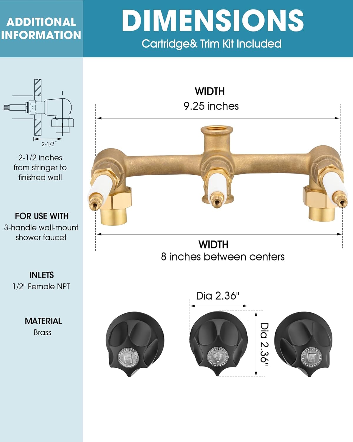 3 Handle Tub& Shower Rough-In Valve Heavy Duty with Black Trim Kit,3-Hole Installation, 1/2-Inch Union Inlets, 1/2-Inch I.P. Outlets, Union Nuts Included