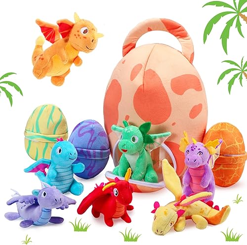 Zhanmai Juego de 11 juguetes de peluche de dragón pequeño de dinosaurio y bolsa de huevo, animales de peluche de dragón, animales de peluche suaves