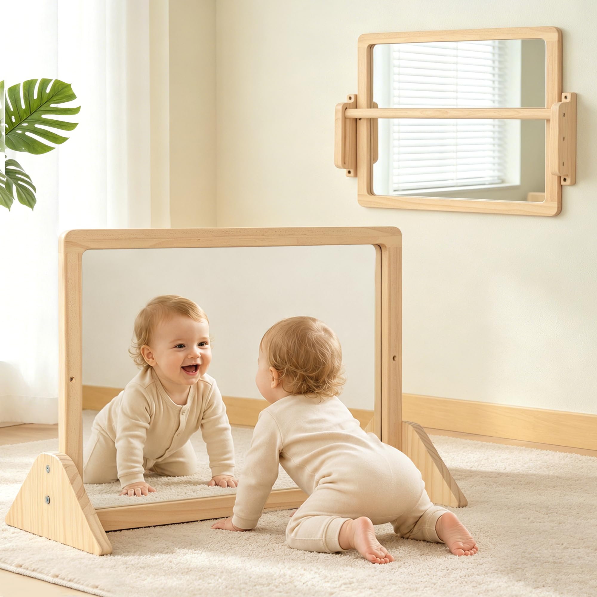 Montessori - Specchio con asta, regolabile in altezza, in legno, per imparare a stare in piedi e camminare, sicuro da parete con barra anti-rotazione, per bambini da 6 a 18 mesi (60 x 40 cm)