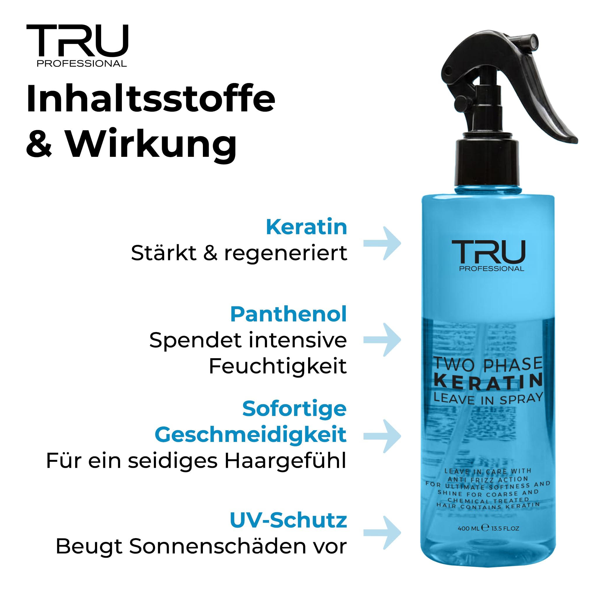 TRU Two-Phase Keratin Leave-In Spray (2er Pack) 2x 400 ml, Anti-Frizz 2-Phasen Haarpflege mit UV-Schutz