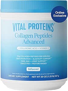 Vital Proteins Collagen Peptides Powder with Hyaluronic Acid and Vitamin C, Unflavored, 20 oz