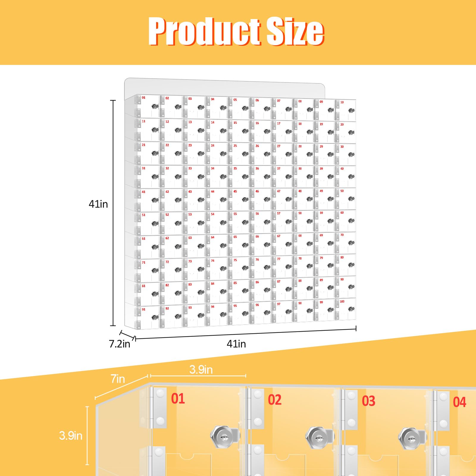 DEFNES Cell Phone Locker Box, Clear Cell Phone Storage, Acrylic Cell Phone Lock Box with Door Locks and Keys, Wall Mounted Cell Phones Storage Cabinet for Office School Classroom Factory (100 Doors)