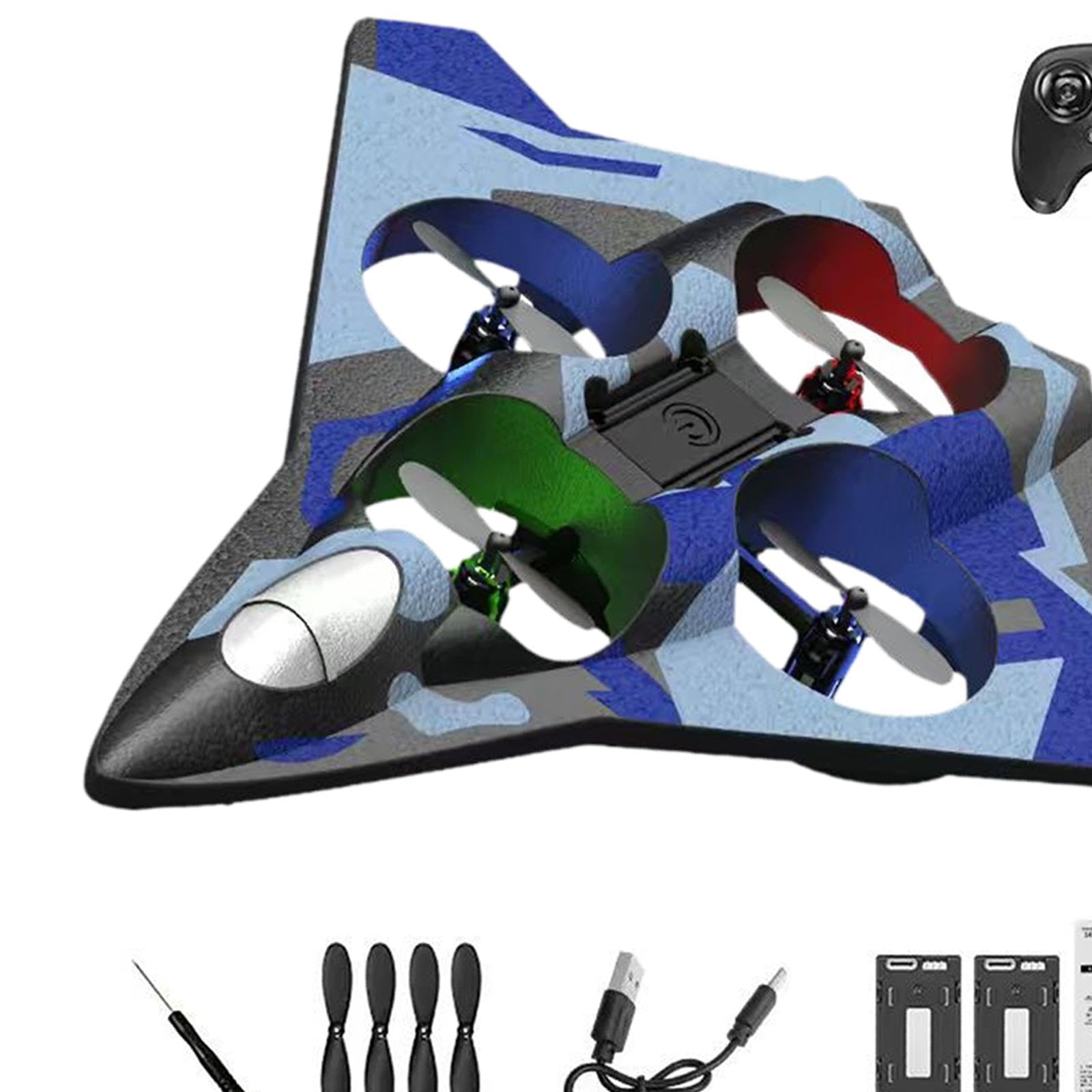 Qianly Avión Teledirigido Acrobático Avión RC de Fija con Luces de Cuatro Motores Recargable y Planeador de Espuma EVA Adecuado para, Batería Doble Azul
