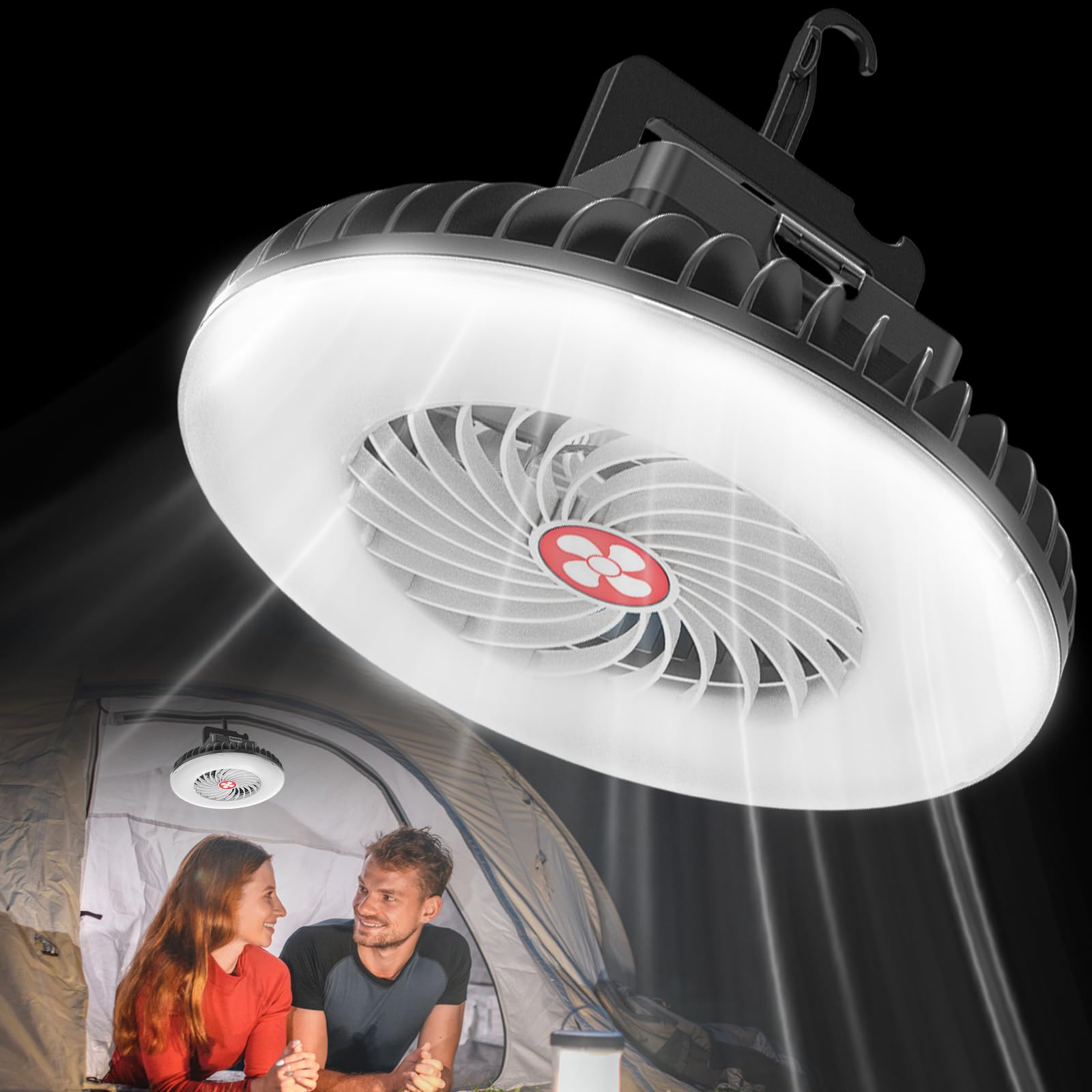 Lampada da campeggio a LED, portatile, ventilatore da campeggio con luce, lampada da campeggio, ventilatore solare per esterni, per auto, campeggio, ufficio, casa, USB