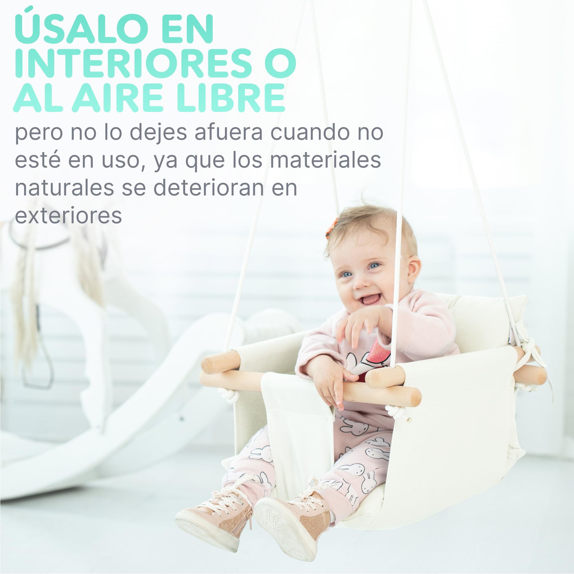 CaTeam - Columpio de Lona para bebé, Silla de Columpio Colgante de Madera con cinturón de Seguridad, Silla de Hamaca Duradera para bebé, Columpio para Exteriores e Interiores para niños, Marfil