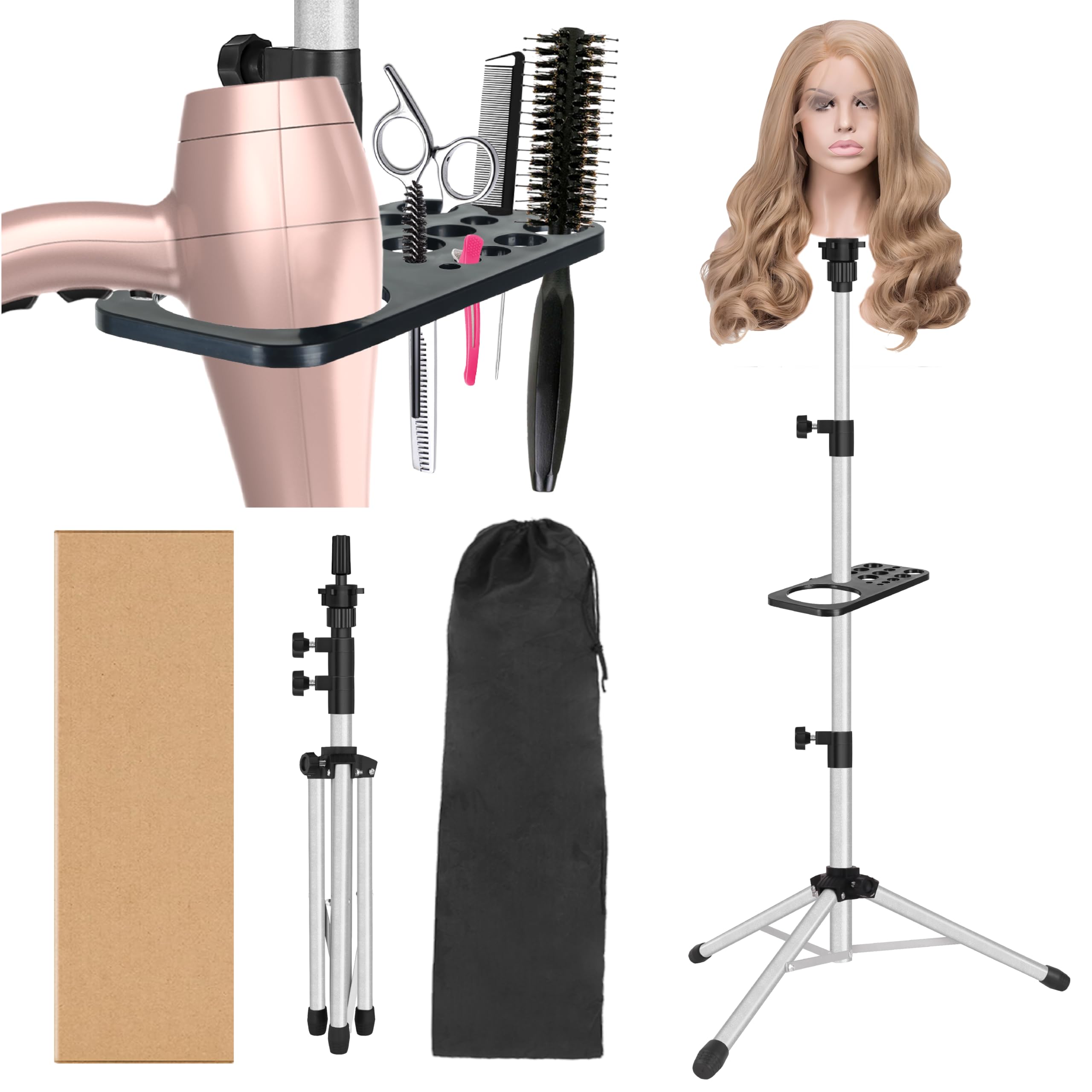 ZQIAN BEAUTY Wig Stand Tripod 50 Inch Metal Wig Mannequin Head Tripod Stand For Hairdressing Training Head Adjustable Wig Tripod Stand with Tool Tray