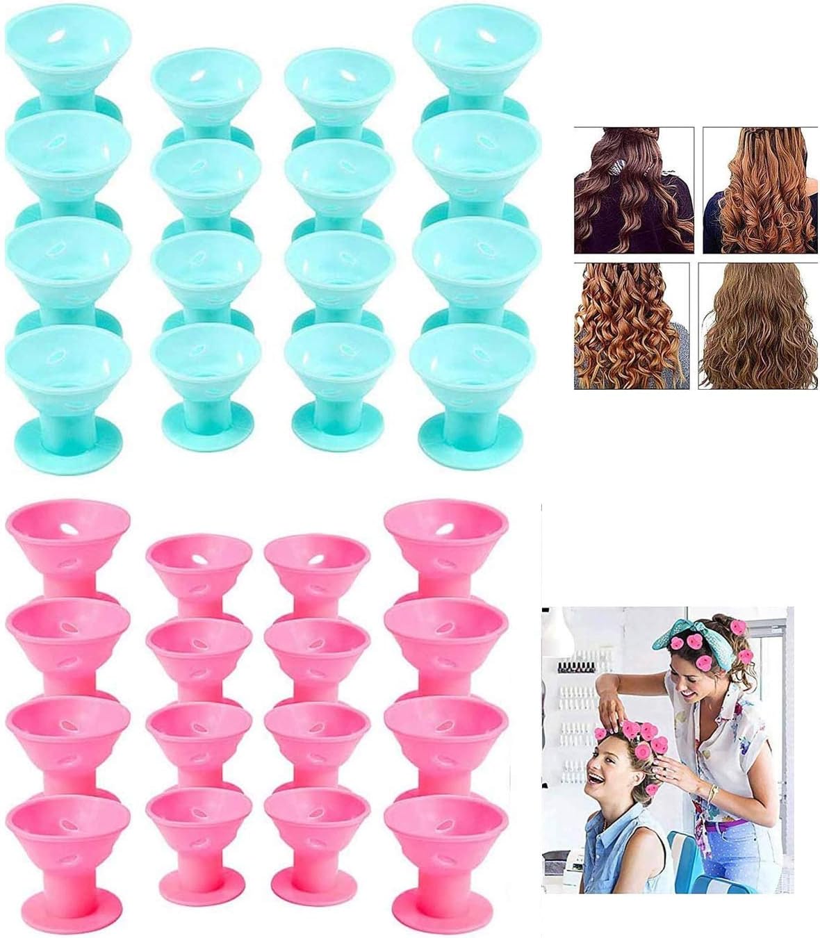 Silicone Hair Curlers Set,WolinTek 30 Pcs Pink Magic Hair Rollers,Include 20pcs Large Silicone Curlers and 20pcs Small Silicone Hair Curlers(pink and blue)