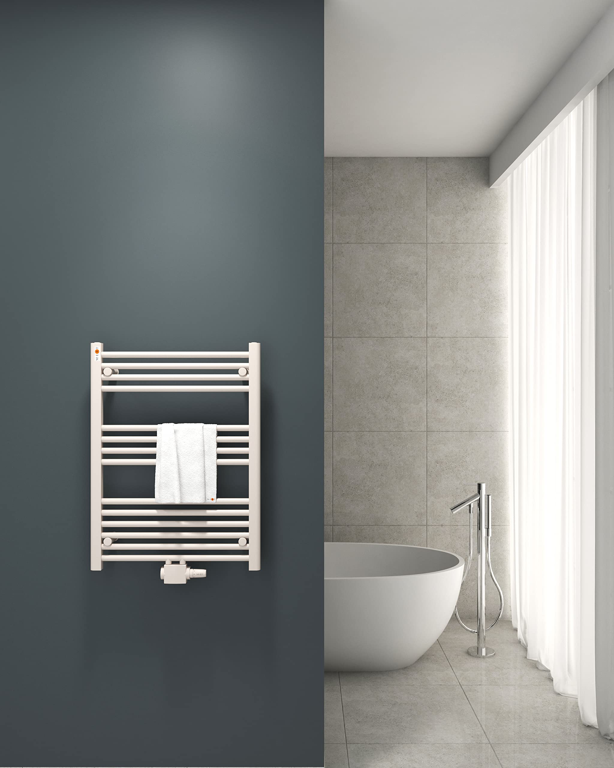 Mert Heizung mit Thermostat Fernwärme Warmwasser Bad-Heizung 800x600 Bad-Heizkörper 1/2 Zoll Mittelanschluss 50 mm weiß Handtuchhalter für Wandmontage