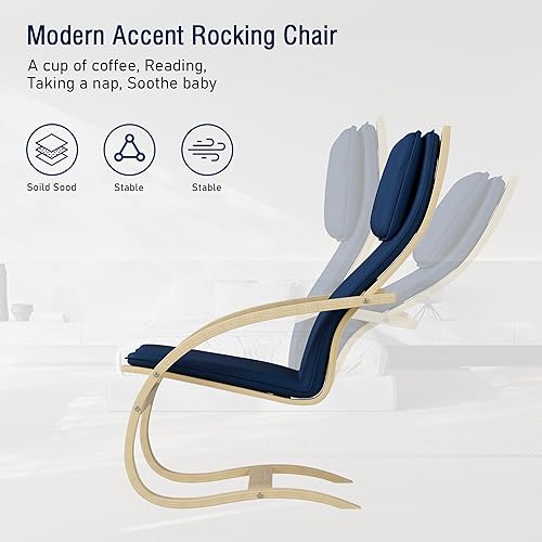 Miniatura 4 de OUTDOOR DOIT Mecedora para guardería con patas de madera maciza, silla planeadora para guardería con asiento acolchado de tela, sillón moderno para