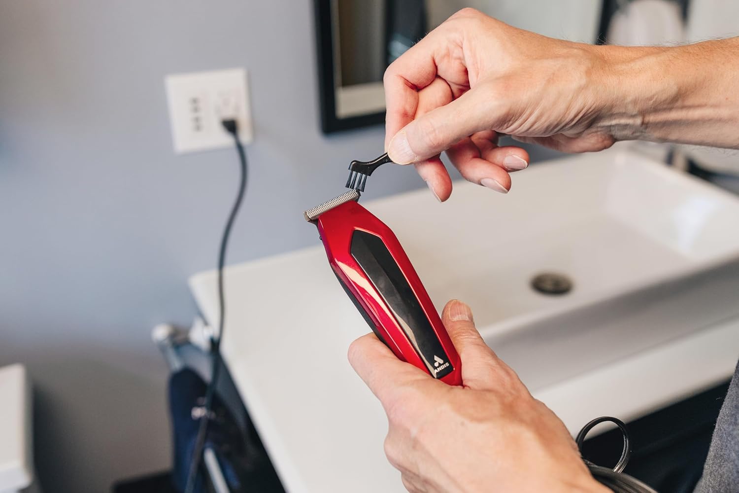 Andis 562940 Ultra Clip Corded Clipper & Trimmer 15-PieceHair Cutting Combo Kit, Stainless Steel Blades, Power Pivot Motor, Whisper Quiet, Hanger Loop, Red