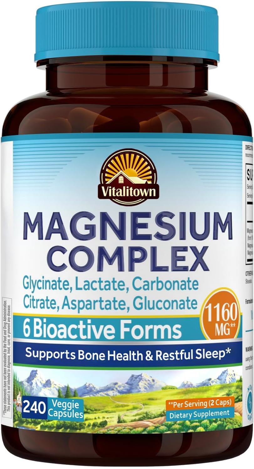Vitalitown 6-in-1 Magnesium Complex 1160mg Per Serving, Magnesium Glycinate, Citrate, Carbonate, Aspartate, Gluconate & Lactate, High Absorption, Bone, Sleep & Digestive Health, 240 Vegan Caps