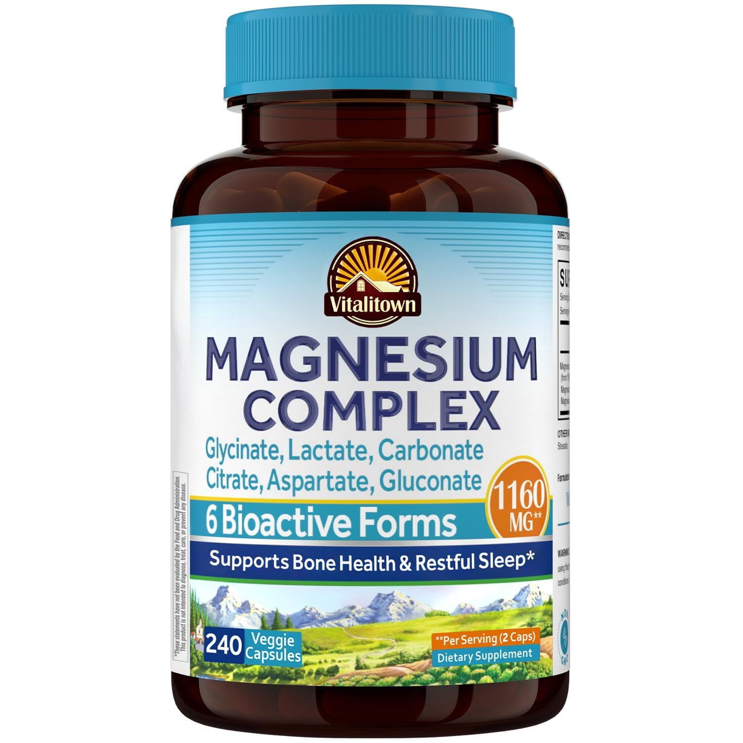 Vitalitown 6-in-1 Magnesium Complex 1160mg Per Serving, Magnesium Glycinate, Citrate, Carbonate, Aspartate, Gluconate & Lactate, High Absorption, Bone, Sleep & Digestive Health, 240 Vegan Caps 240 Count (Pack of 1)