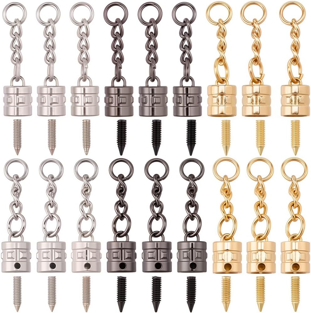 SUNNYCLUE 1 Box 30 Sets Tassel End Caps Tassel Cord End Caps with Screws and Curb Chain Gold Silver Black Alloy Glue in Cord Bead Bails for DIY Crafts Leather Zipper Pulls Bags Keychain Accessories