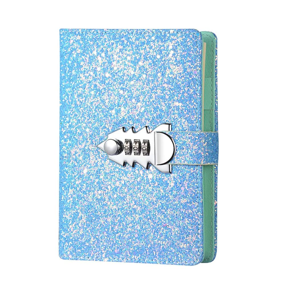 Lock Journal with PU Leather Cover, A6 Lockable Refillable Binder Notebook with Pen Holder and Card Slots, Secret Diary Planner Notepad for School Business Girls [Glitter Blue]