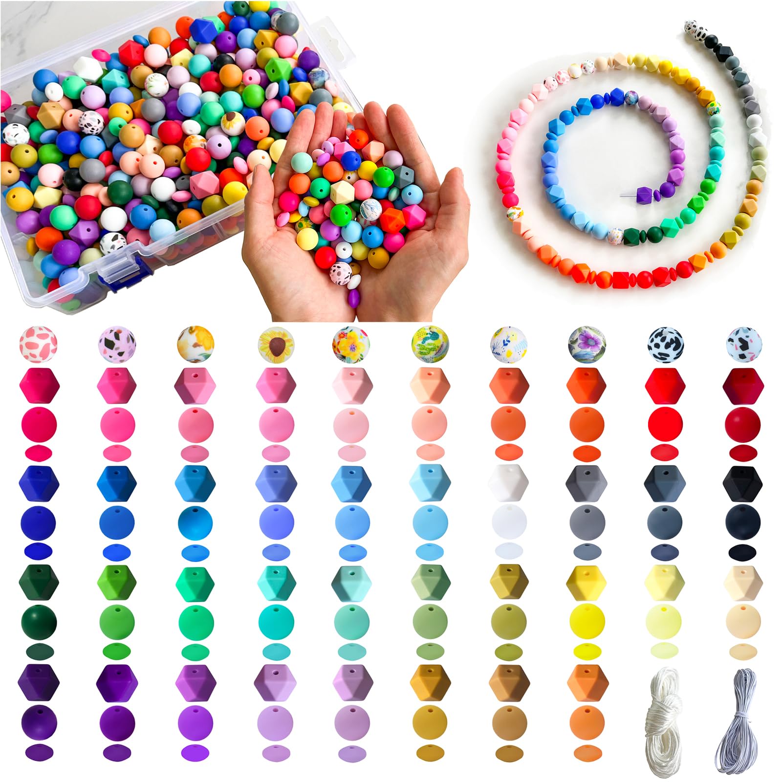 JEBBO 630pcs Silicone Beads for Keychain Making, 12mm 15mm Round 14mm Polygonal Bead 48 Colors Bulk Rubber Loose Beads for DIY Pens Necklace Bracelet