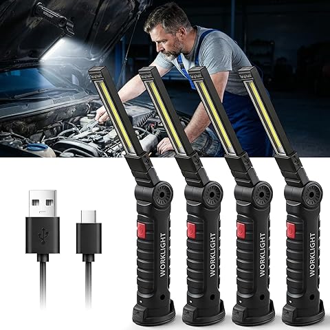 Lámpara LED de taller 4 unidades, regalo para hombres, mecánico, lámpara de trabajo | linterna | recargable taller lámpara de mano con imán y gancho para herramientas de reparación de coches y camping