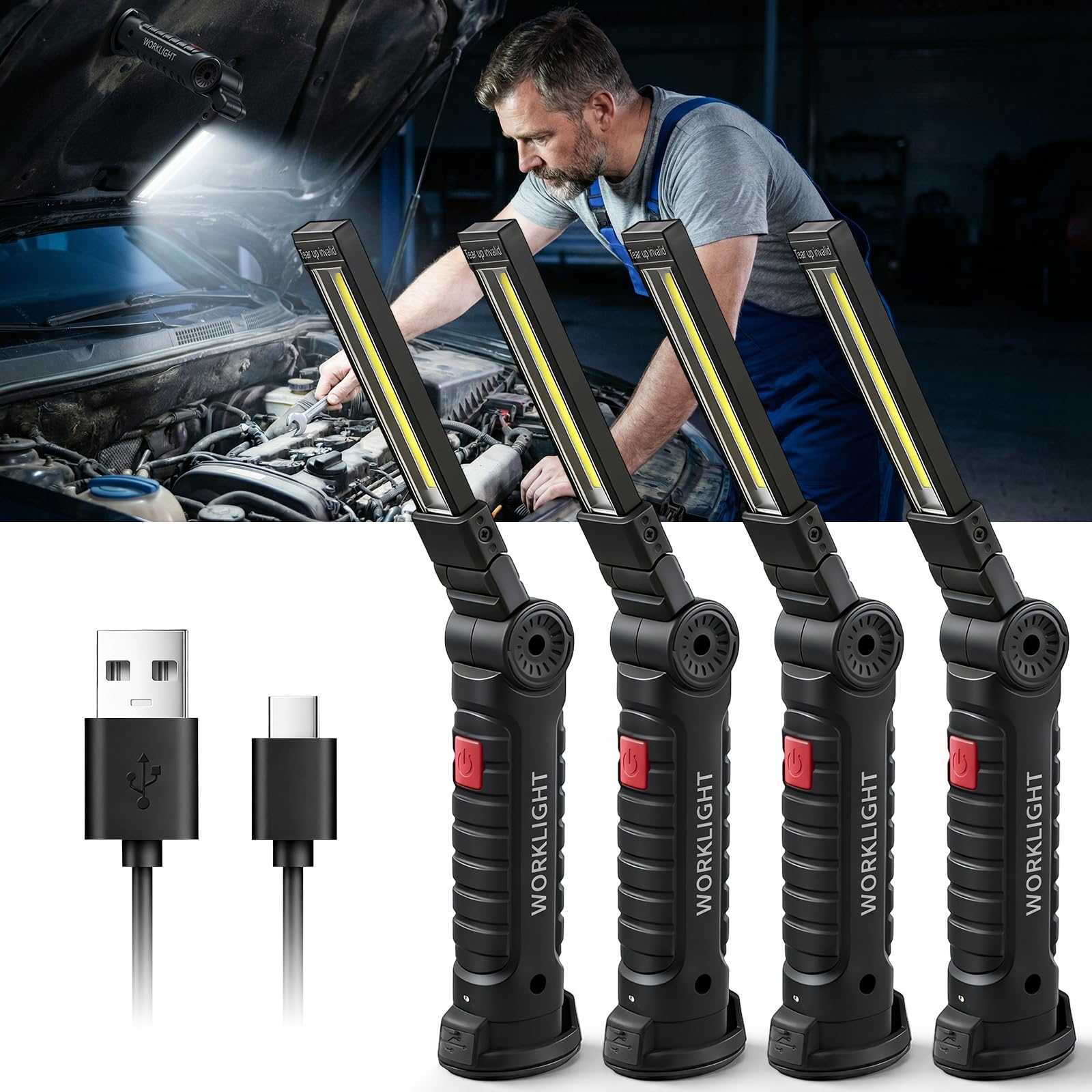 LED Werkstattlampe 4 Stück, Geschenke für Männer Mechaniker Arbeitsleuchte | Taschenlampe | Wiederaufladbar Werkstatt Handlampe mit Magnet und Haken für Autoreparaturen Werkzeug und Camping
