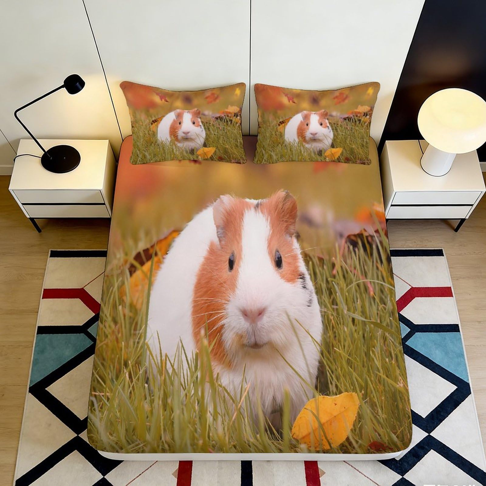 3D Printed Guinea Pig Autumn Leaves Fitted Sheet Microfiber Soft Anti-slip Mattress Cover Bedroom Decor 200x200x25cm