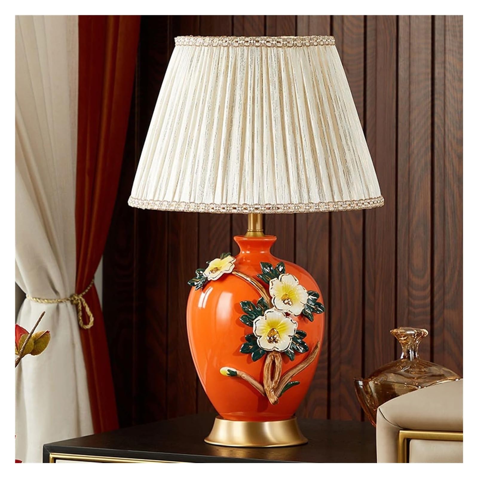 Pomarańczowa emaliowana ceramiczna lampa stołowa w kwiaty, lniany klosz Lampka nocna na biurko z miedzianą podstawą, Lampa dekoracyjna z przyciskiem