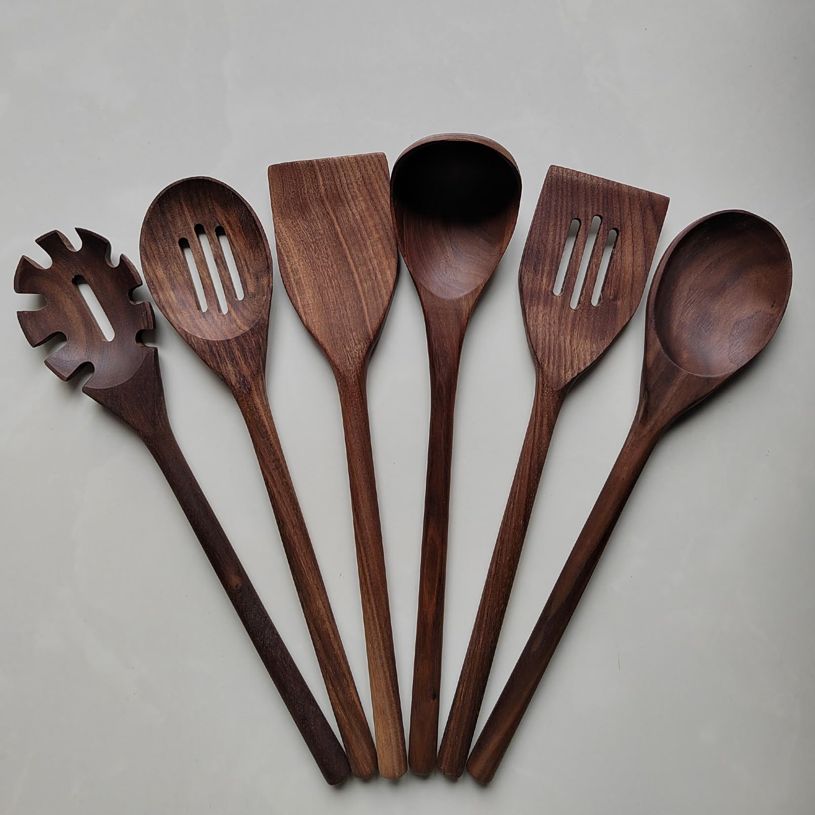 BOTOWI Black Walnut Kitchen Utensils Set 6 Pcs, Dark Wooden Cooking Utensils 14" Long Handle Natural Walnut Wood Flat Spatula, Slotted Turner, Soup Ladle, Skimmer, Pasta Server, Spoons for Cooking