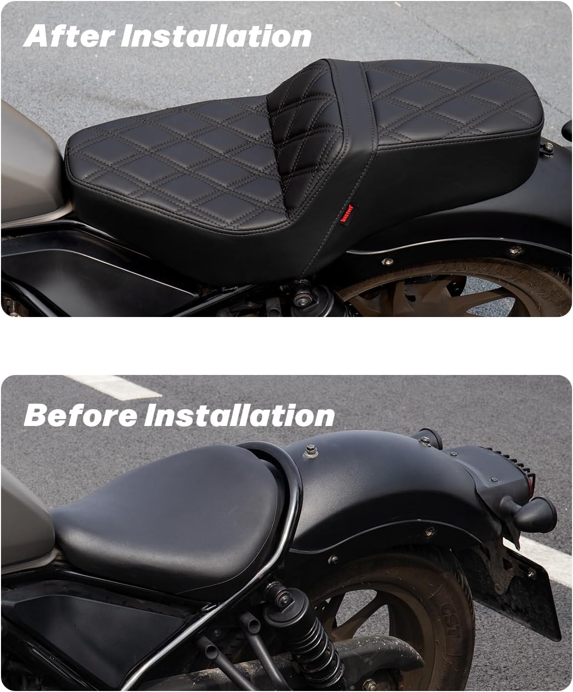 One-Piece Rider Passenger Seat Ergo-Drop Motorcycle Seat Diamond Pattern Compatible with CMX 300 CMX 500 Rebel 300 Rebel 500 2017-2024 (Black Stitching,Diamond Pattern)