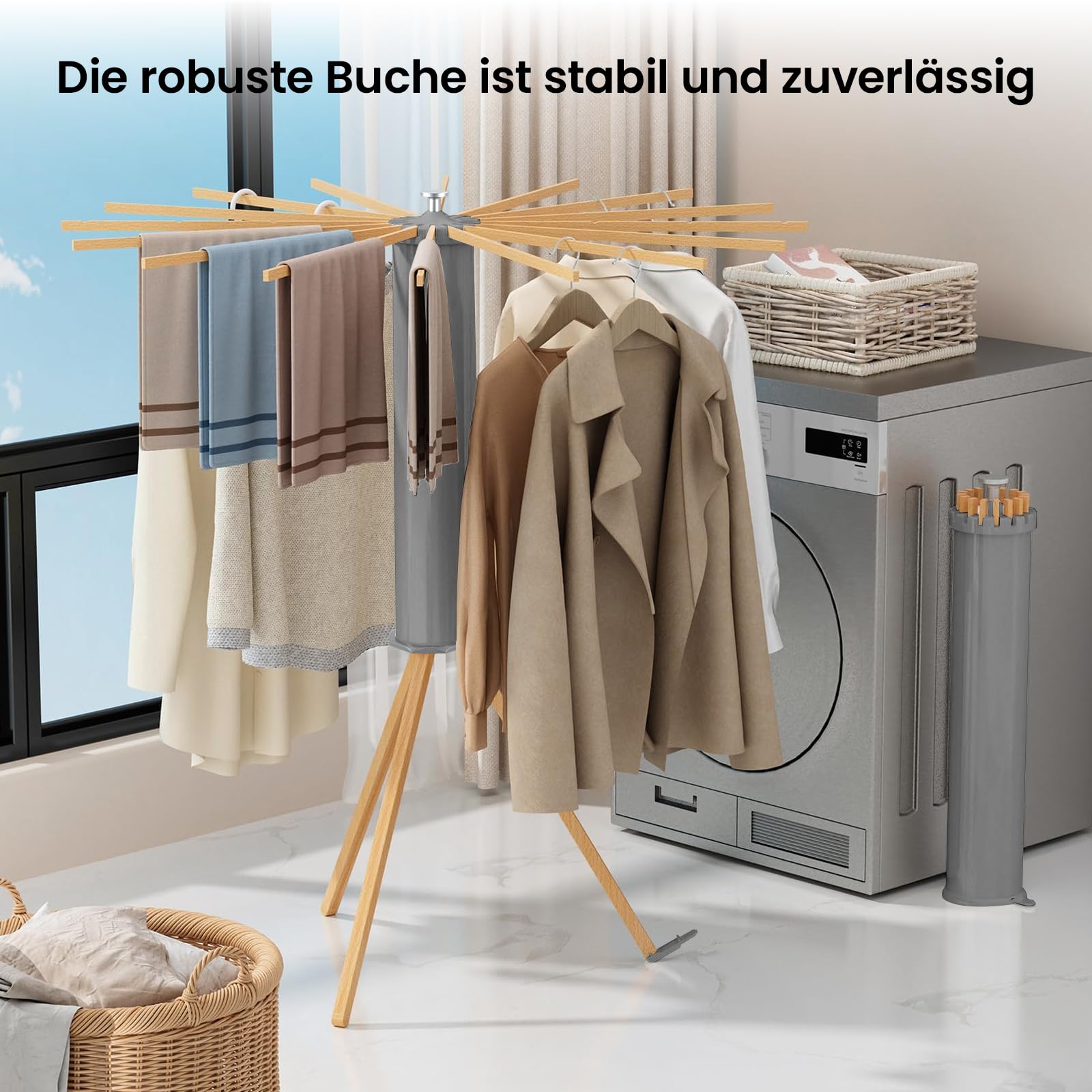 Faltbarer Holz-Wäscheständer – Ausziehbarer, Tragbarer & Platzsparender Trockenständer für Balkon, Badezimmer, Stabil Wohnzimmer und Waschküche (Grau)