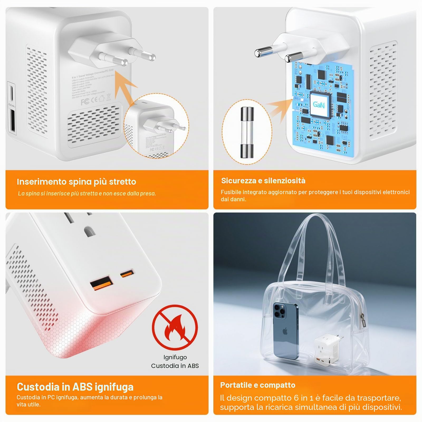 Convertitore di tensione da 220 V a 110 V, 20 W PD, riduce 220 V a 120 V, convertitore da viaggio dagli Stati Uniti all'Europa per oltre 80 paesi, tra cui la maggior parte dei paesi europei, Francia