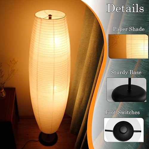 Miniatura 8 de Lámpara de pie de papel de arroz con interruptores de pie, linterna de piso de papel blanco, iluminación ambiental Art Deco, lámpara de pie alta