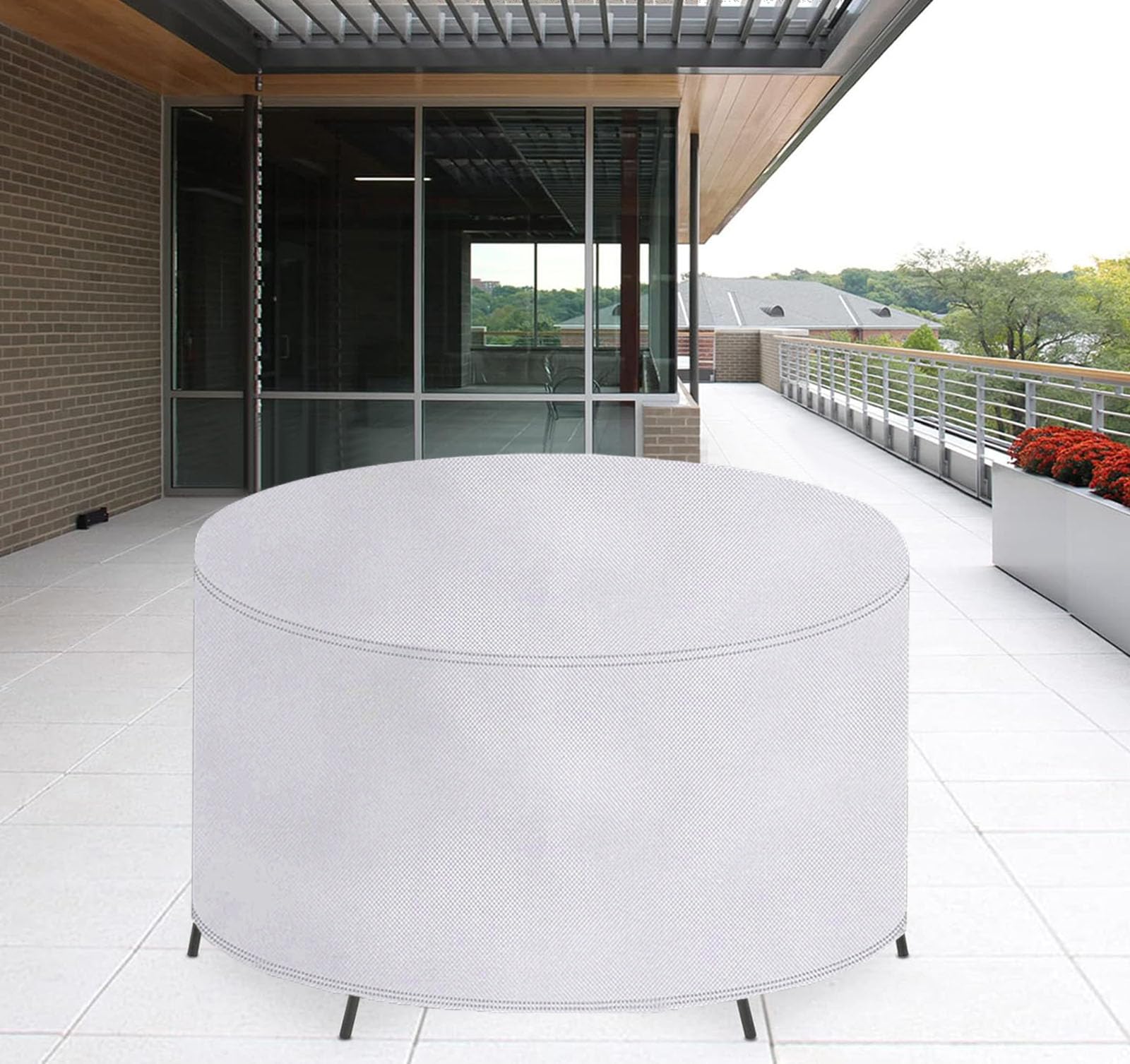 Copertura per Tavolo Esterno Rotondo 110x110cm(ØxH)Copertura per Mobili da Giardino Impermeabile,Antivento,Anti-UV,Resistente Allo Strappo,420D Oxford Tessuto Protettivo per Tavolo e Sedie-Argento